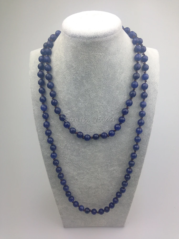 ST0001 8mm Dark Blue Stone Facted Bead 42 inch Knotted Long hand made