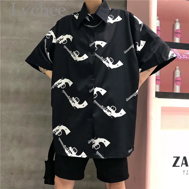 

Lychee Streetwear Gun Print Female Blouse Short Sleeve Turn Down Collar Loose Spring Blouse Summer Single Breasted Women Shirt