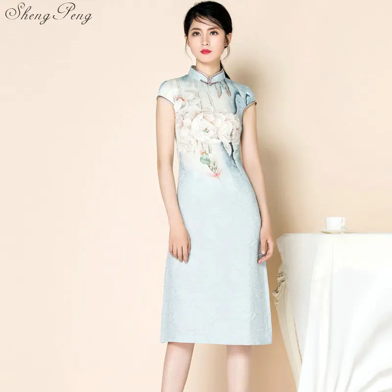 Женское винтажное платье qipao V889 повседневное хлопковое с коротким рукавом