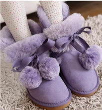 Genuine Leather Winter Boots Women Female Lacing Up Medium-Leg Bow Cute Snow Boots With Balls Round Toe Plus Size 40
