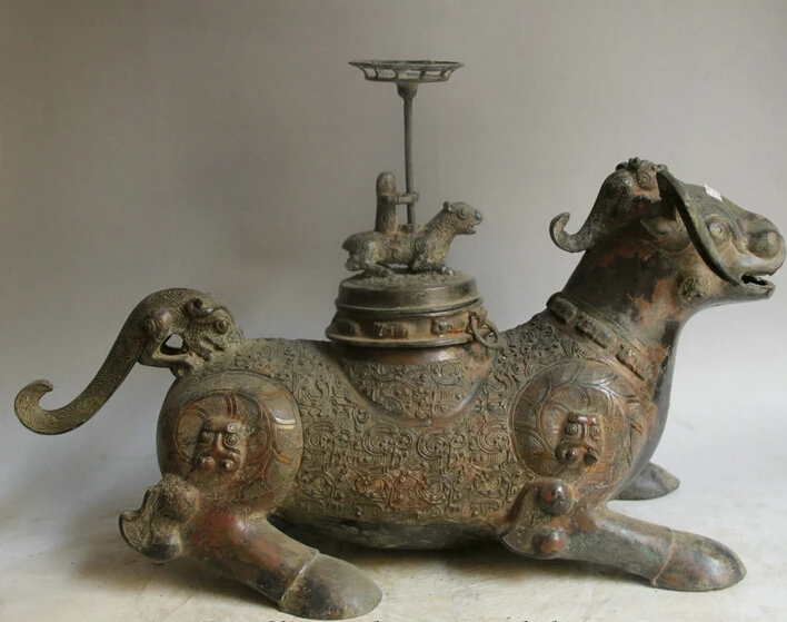 

JP S0524 21" Old Chinese Bronze foodstuff vessel Unicorn Beast Pi Xiu Statue kettle Zun