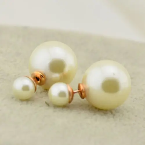 

HOT SELL - > 00418 Rose Gold Double Big Small White Round Pearl Fine Jewelry Stud Earrings Gift -Top quality free shipping
