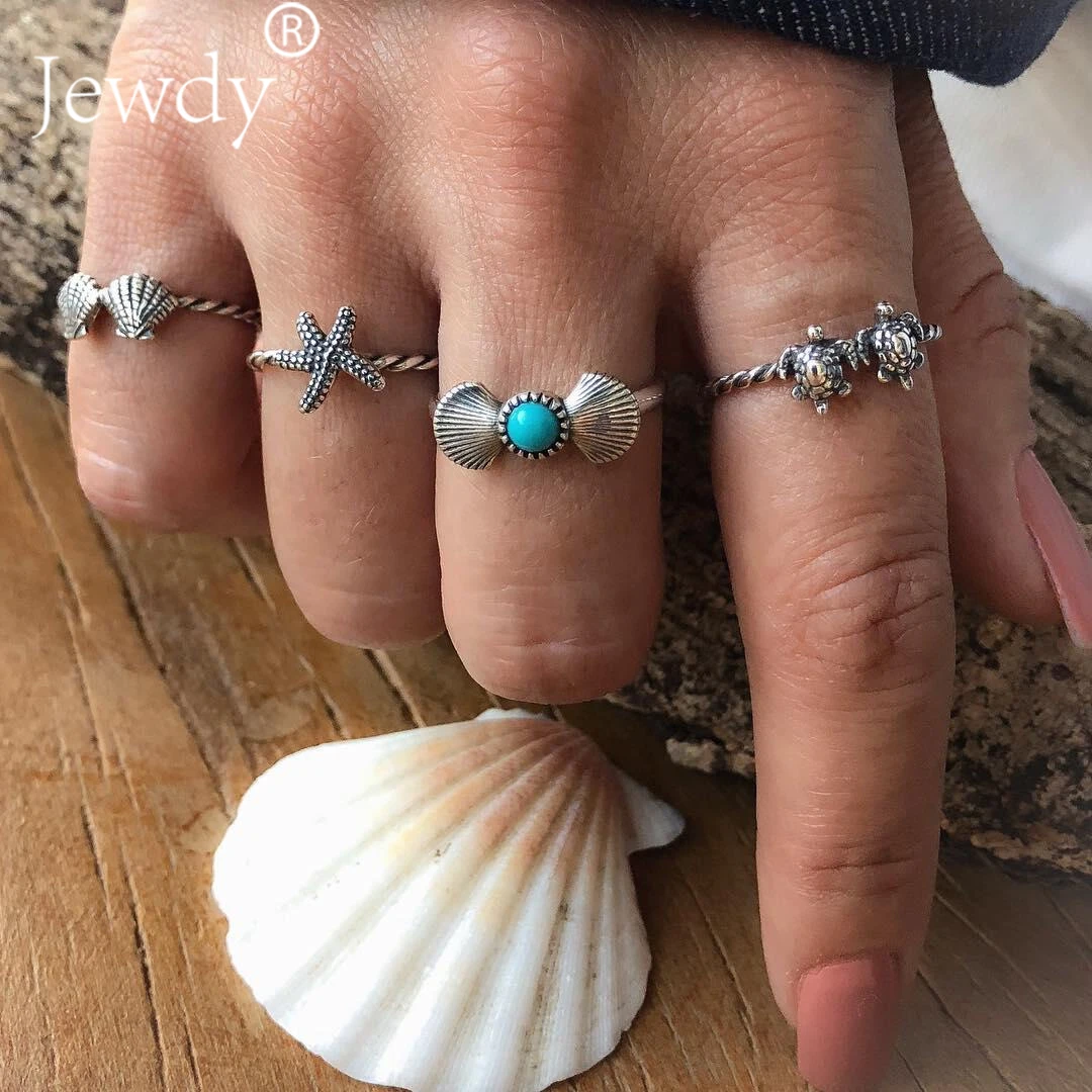 

4 PCS/Set Stone Turtle Shell Starfish Knuckle Rings Boho Punk Jewelry For Women Moon Finger Ring Bohemian Anillos