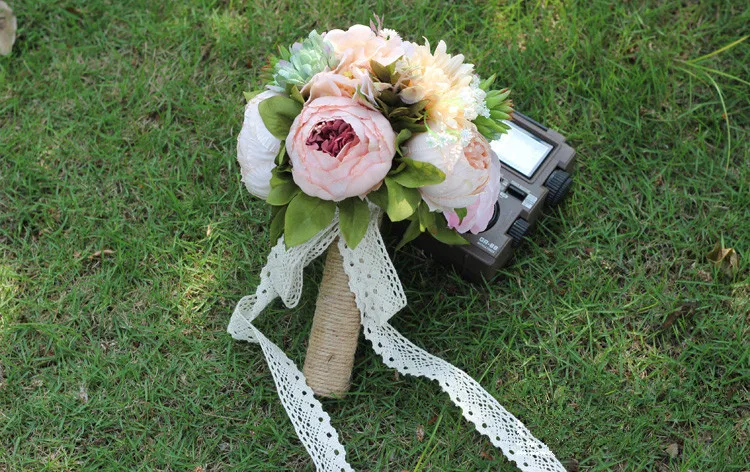JaneVini Винтаж сельской местности из искусственного шелка Свадебные букеты снаружи кружево ручка Свадебные цветы Брошь Fleur Mariage