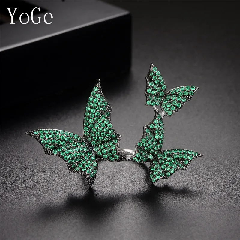 

YoGe R3766G fashion AAA cubic zirconia micro pave setting 3 butterfly green stones width full finger ring ,2tone plating
