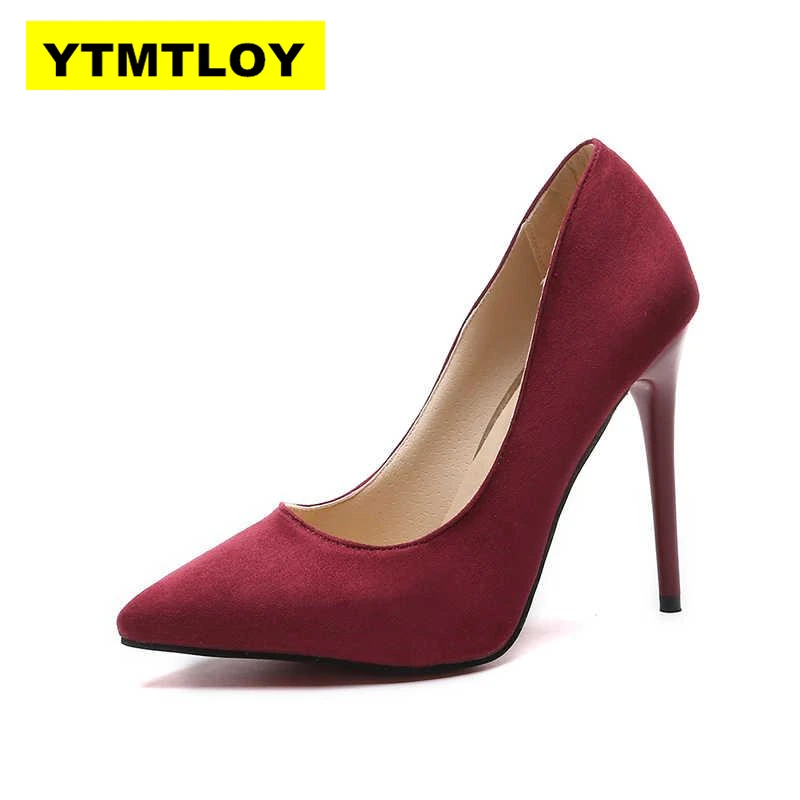 Plus Size 44 Pumps Women Shoes Red Flock Slip-On Shallow Wedding Party Pointed Toe High Heels Pump Chaussures Femme 2019
