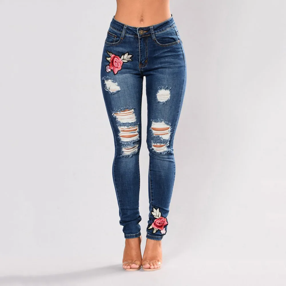 New Plus Size Blue High waist Pencil Ripped Floral Hole Jeans Woman Stretch Skinny Vintage Denim Pants Boyfriend Elastic Trouser