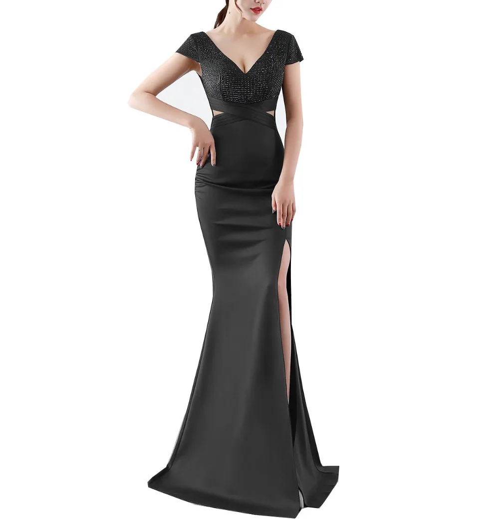 Solovedress Prom Dress Mermaid Бисер с разрезом на ноге прорезью официальное свадебное платье Кепки рукава с глубоким v-образным вырезом платье с