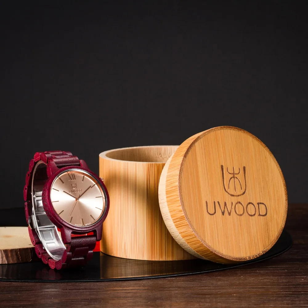 2016 Luxury Brand UWOOD 3002A Purple Sandal Wooden Watches Mens wood watch Analog Fashion Casual Wristwatch With Bamboo Gift Box