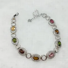FLZB, Природный Красочные турмалин браслет в 925 серебро с 18 К белый с позолотой Овальный дизайн элегантный браслет