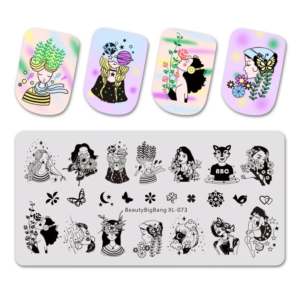 Beautybigbang 6*12cm Stainless Steel Stamping Plate Flower Figure Grass Blade Design For Nail Art Polish Stamp Plate XL-075 - Цвет: 73