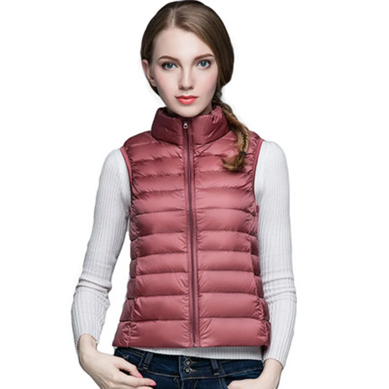 90% белые куртки на утином пуху жилет легкий тонкий пуховый жилет женский стоячий воротник модный весенне-осенний жилет пальто - Цвет: Розовый