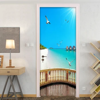 

Wall Decals Door Sticker 3D Beach Balcony Sea View Mural Poster DIY Self-adhesive Waterproof Door Stickers Wallpaper Home Decor