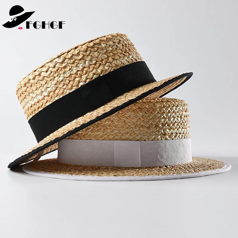 

2019 New Summer Wide Brim Beach Hats Women Woven Straw Sun Cap Flat Top Ribbon Sewn Braid Boater Hat Ladies Kentucky Derby Hats