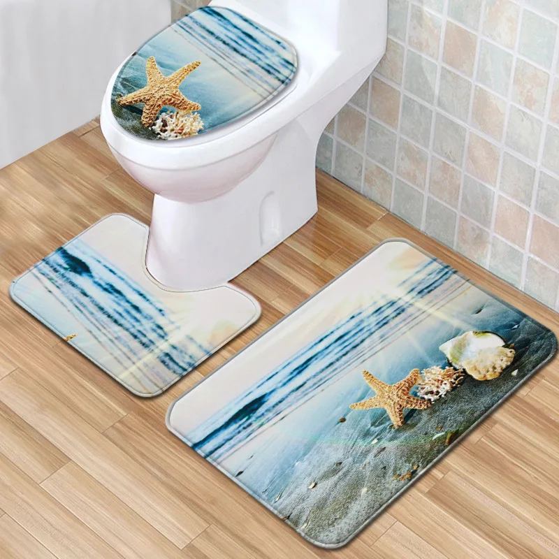 T New Starfish Shell 3 Piece Bathroom Set Rug Anti Slip Bath Rug Toilet Mats Carpet Set for Home Decor Printing Doormat