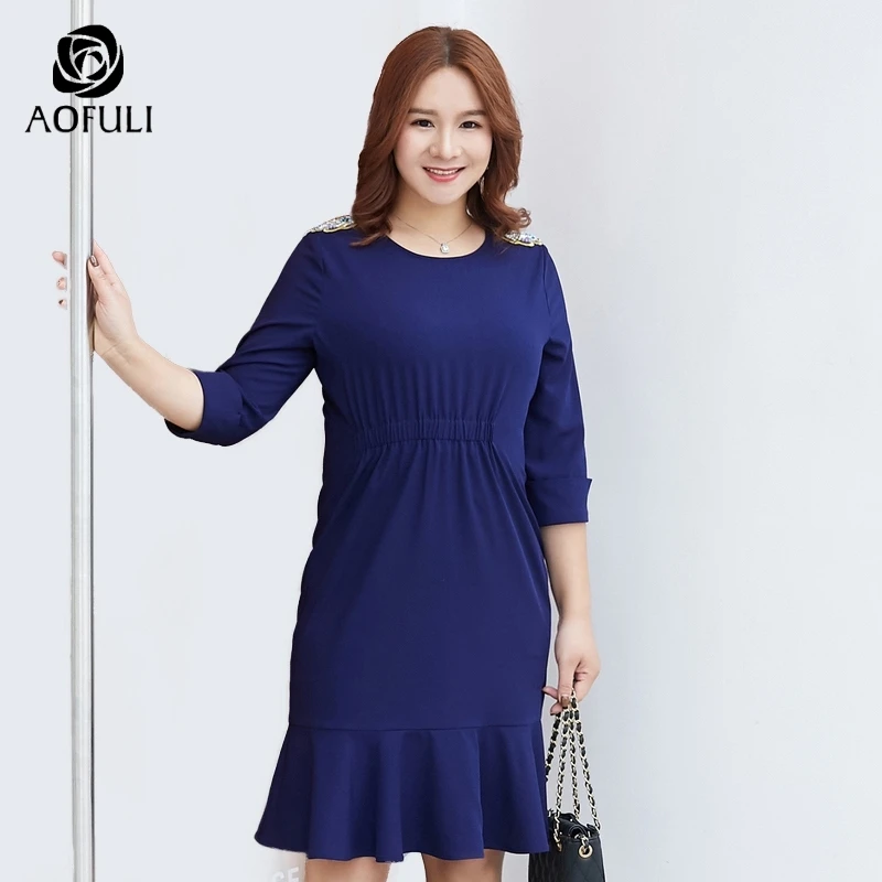 

L~ 4XL 5XL Asymmetrical Mermaid Autumn Dress Plus Size Women Half Sleeve Elastic Waist Ruffled Short Casual Dress AOFULI A3893