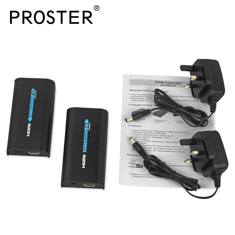 

Proster HDbitT HDMI Extender Extend HDMI video/audio up to 1080p With Sender TX receiver RX UK Power Supply Adapter Converter