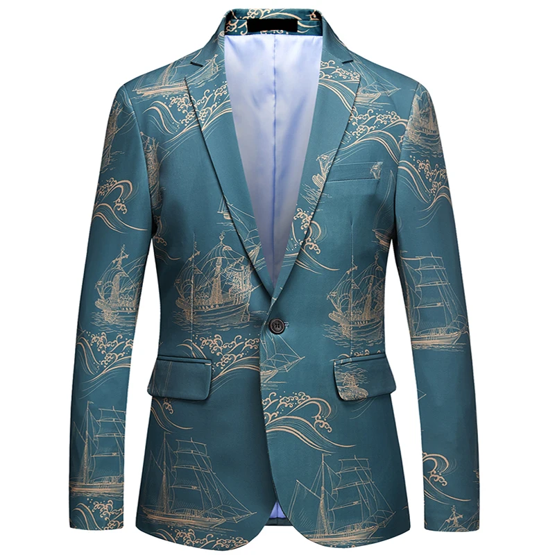 

YASUGUOJI New 2019 Smart Casual Fashion Print Blue Blazer Men Single Button Mens Blazer Performance Men's Blazers Hombre XF67