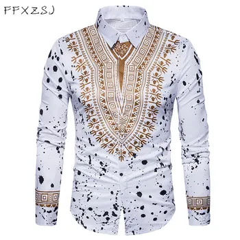 

New Tops men's casual shirt 2018 spring 3D National style printing Floral pattern men fashion Edition long sleeve Shirt EU size