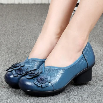 

Nice Spring Women Shoes Genuine Leather Women Pumps Handmade Flower Comfortable Vintage Style High Heels