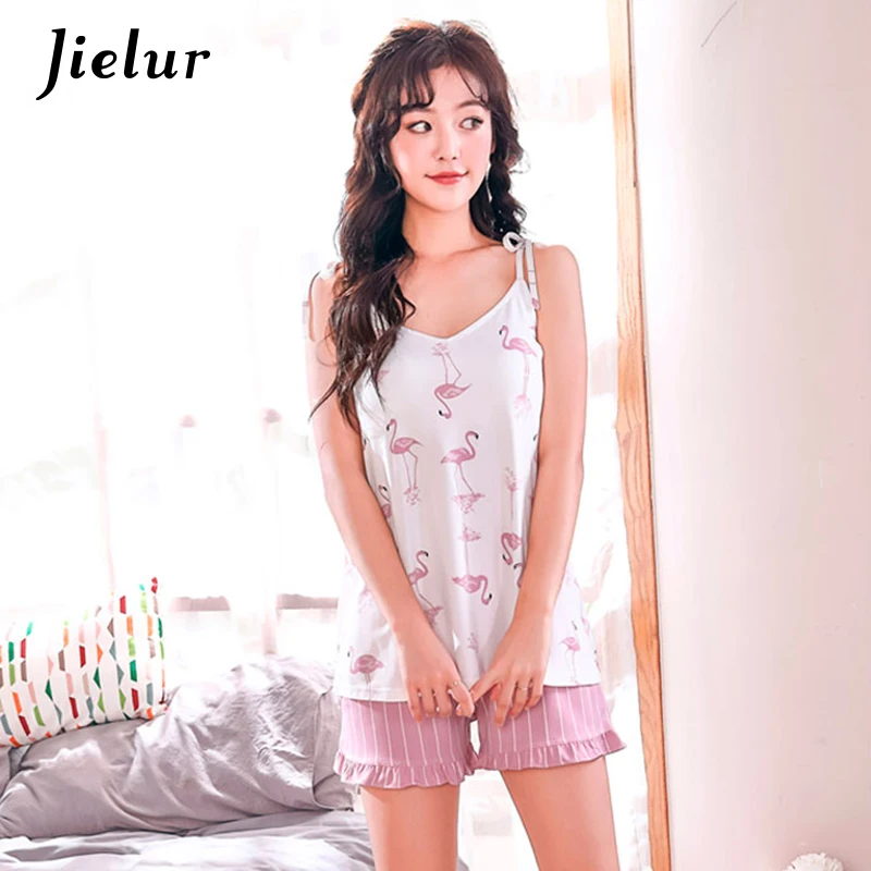 

Jielur Sexy Print Sleeveless Pajama Sets Summer Chest pad Women Home Suit Lingerie Nightgowns Pijamas Shorts Sleepwear Dropship