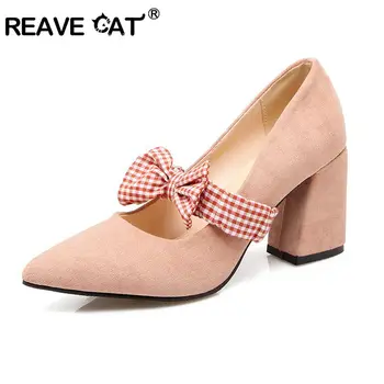 

REAVE CAT Sweet Bow Women's Shoes Shallow Out Single Shoes Woman Fashion Sharp High Heel Pumps Big Size Female Wedding A1125