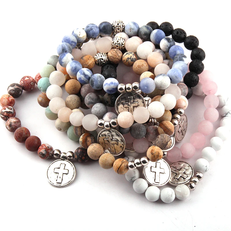 

Wholesale Fashion Beautiful Natural Stone Wrist Mala Cross/Heart/Peace /Flower Charm Yoga Bracelet 30pc/lot