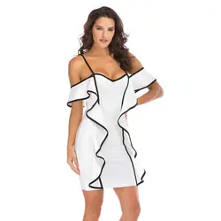 Бандажное платье 2018 Белый оборками Мини элегантное платье Для женщин Оболочка Империя Платья Slash шеи сексуальная клубная одежда