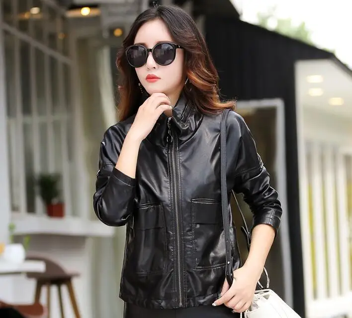 2017 New Autumn Fashion Street Women's Short Washed Leather Jacket Zipper Black Green Purple red Colors New Ladies Basic Jackets