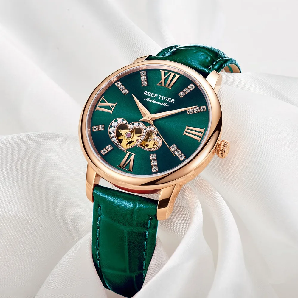 US $163.80 Reef TigerRT 2021 New Design Fashion Ladies Watch Rose Gold Green Dial Mechanical Watch Leather Band Montre Femme RGA1580