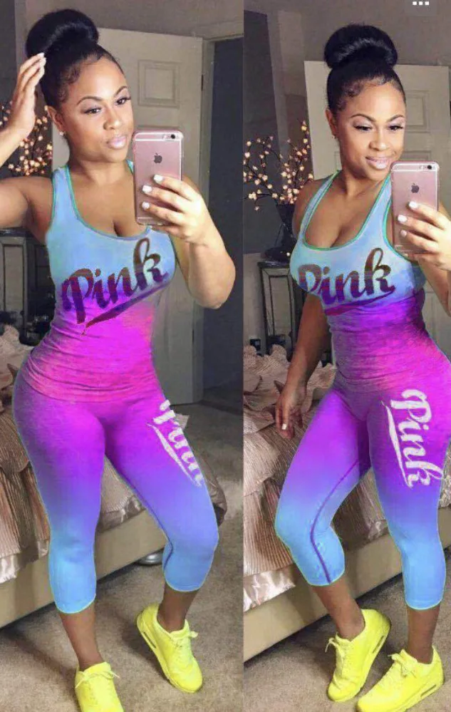 

Summer Love Pink Letter Print Outfits Women Tracksuit Gradient 2019 Two Piece Set Casual Sleeveless Tank Tops And Short Pants