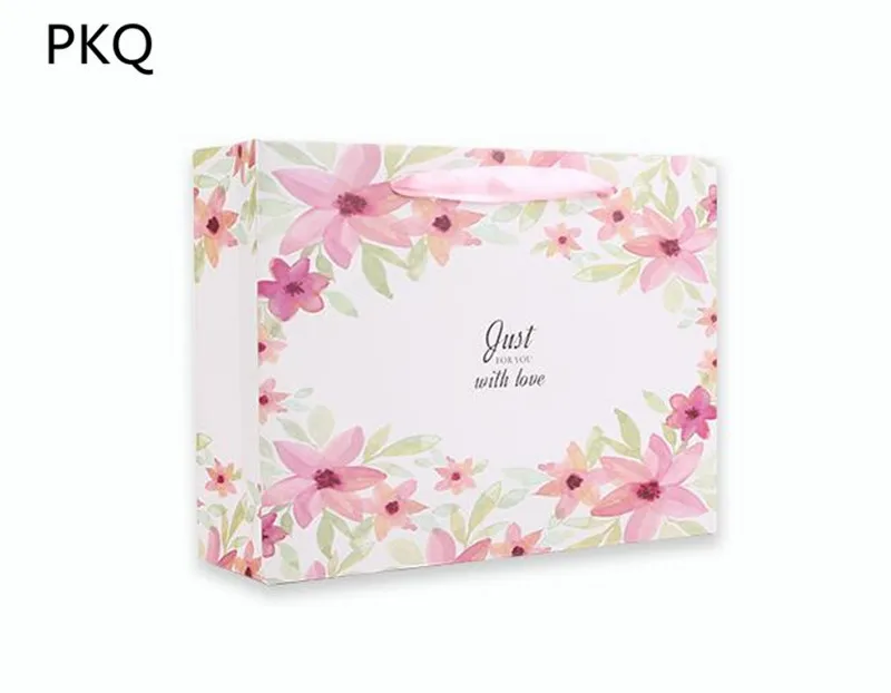 30PCSLot Flower White Paper Bag With Handle Baby Shower Wedding Birthday Party Favor Gift Women's Clothing Shopping Package Bag