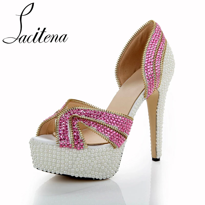 

Pearl Color Drill External Platform Hollow Zipper Sandals Crystal Diamond Sandals