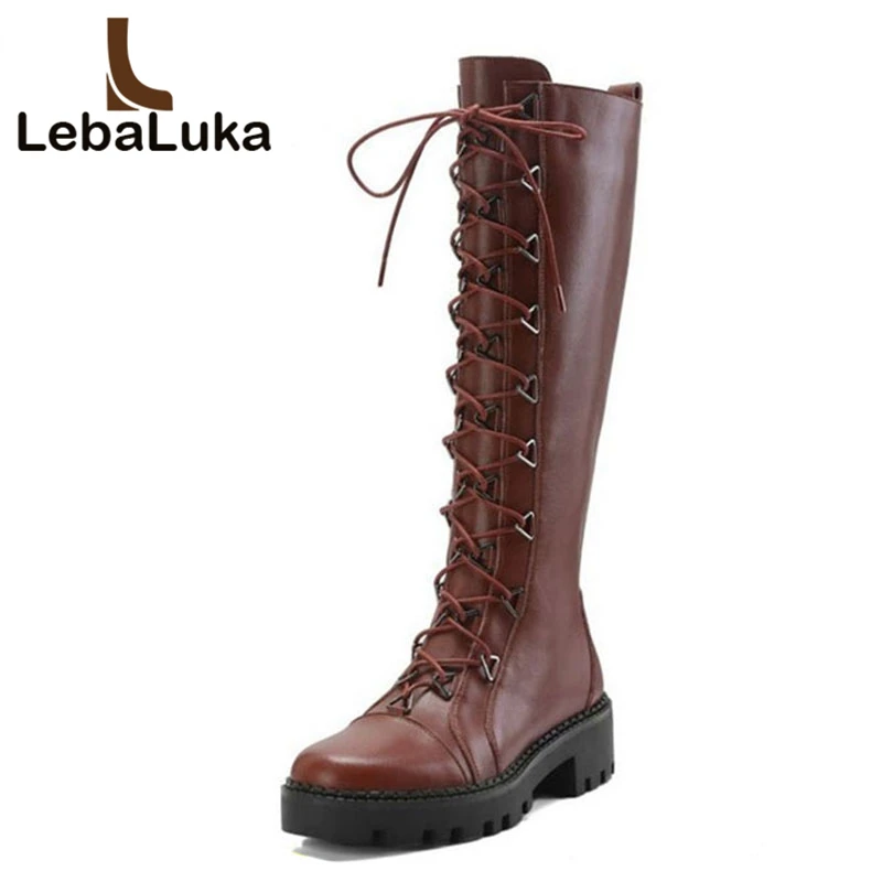 

Tuyoki Women Flats Boots Genuine Leather Shoes Women Cross Strap Autumn Winter Warm Knee High Boots Ladies Footwear Size 34-40