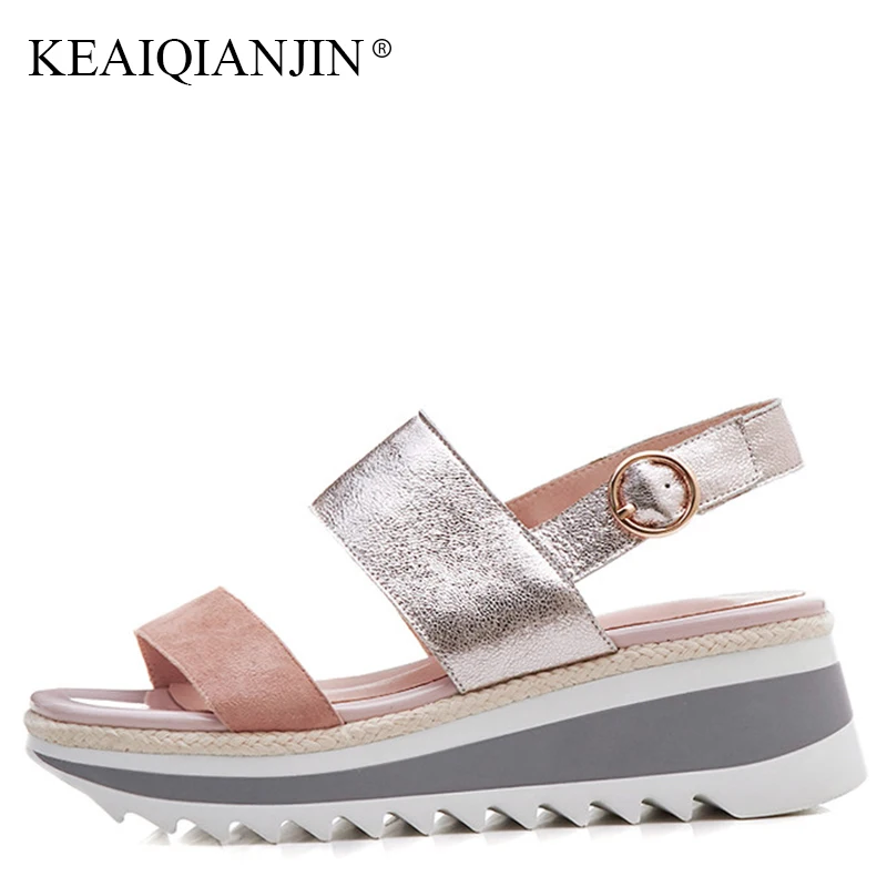 

KEAIQIANJIN Woman Summer Peep Toe platform Sandals Silvery Part High Heels Shoes Genuine Leather Pink Open Toe Wedges Sandals