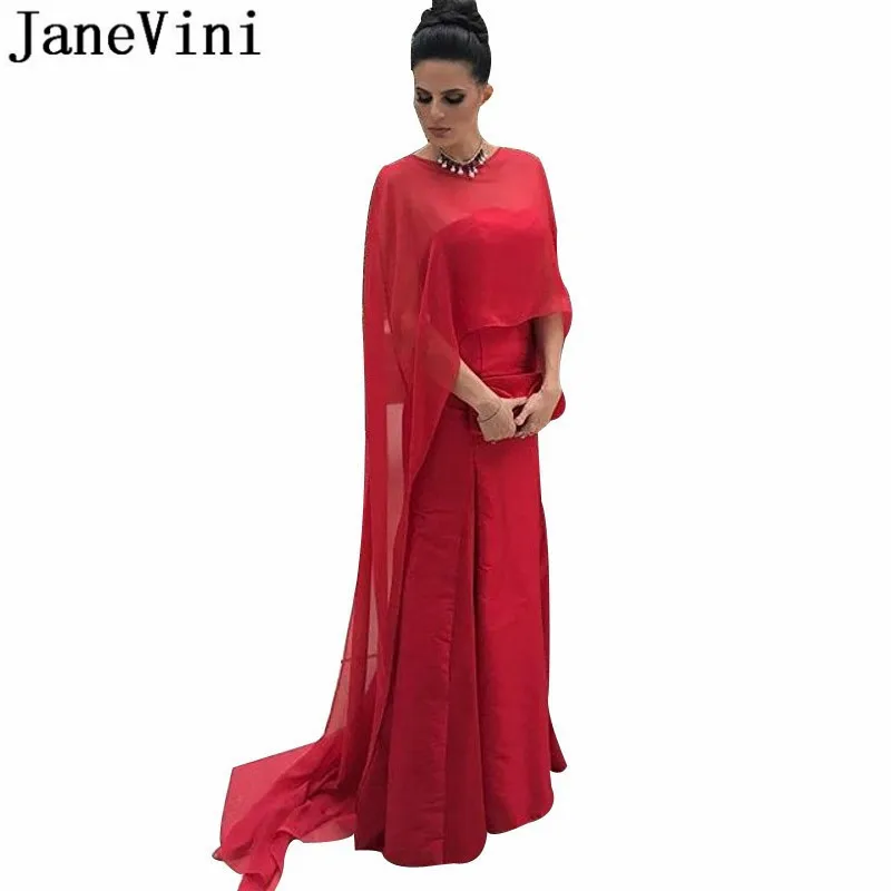 New Strapless Long Satin Women Party Dress With Red Chiffon Cape Elegant Mother Of The Bride Dress Formal Robe De Soiree Rouge