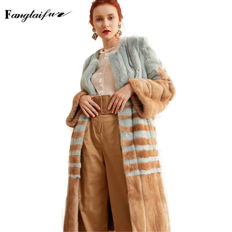 

Fang Tai Fur 2019 Import Velvet Mink Fur Coat O-Neck Slim Striped Mink Coats Women's Contrast Color X-Long Real Mink Fur Coats