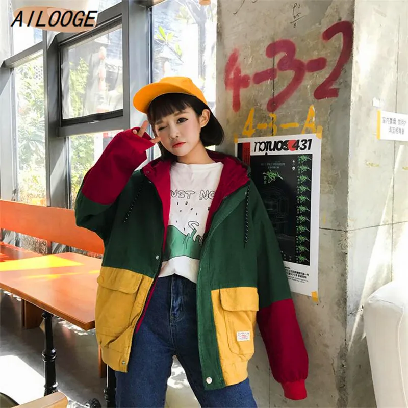 corduroy color block drawstring hooded jacket