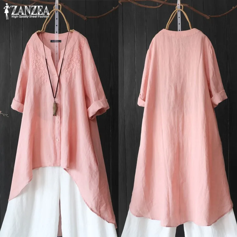 Autumn Embroidery Tops Women's Asymmetrical Blouse ZANZEA Vintage 3/4 Sleeve Shirts Female Button Solid Blusas Casual Tunic