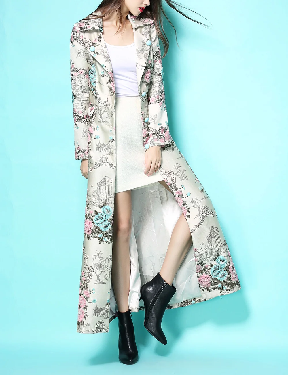 Топ класс Новые длинные пальто Осень Весна для женщин Зубчатый однобортный 3D жаккард Винтаж Вышивка Тренч Верхняя одежда B1131