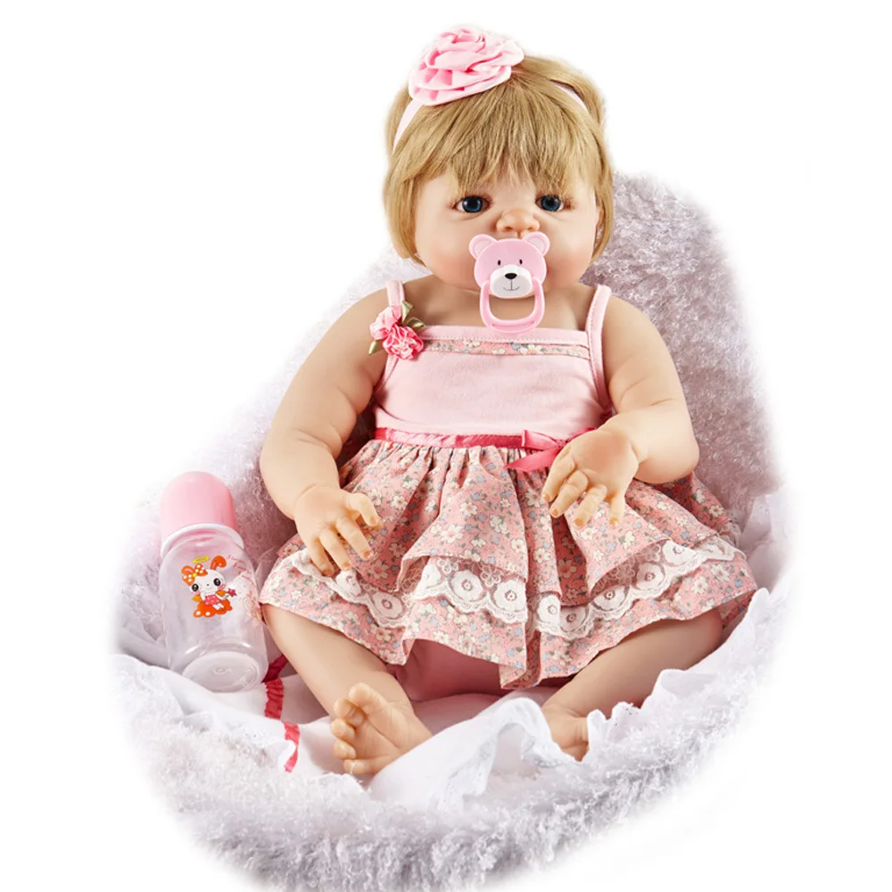 

55cm Newborn Babies Doll Cute Birthday Gift Bathe Toy Full Body Silicone Reborn Girl Baby Doll Toy Lifelike Pink Princess Dress