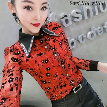 

Women Chiffon Office Career Shirts Tops Fashion Diamond Lapel Floral Printed Casual Long Sleeve Blouses