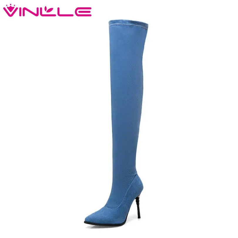 

VINLLE 2019 Princess Style Women Shoes Over The Knee Boots Thin High Heel PU Leather Zipper Ladies Motorcycle Shoes Size 34-43