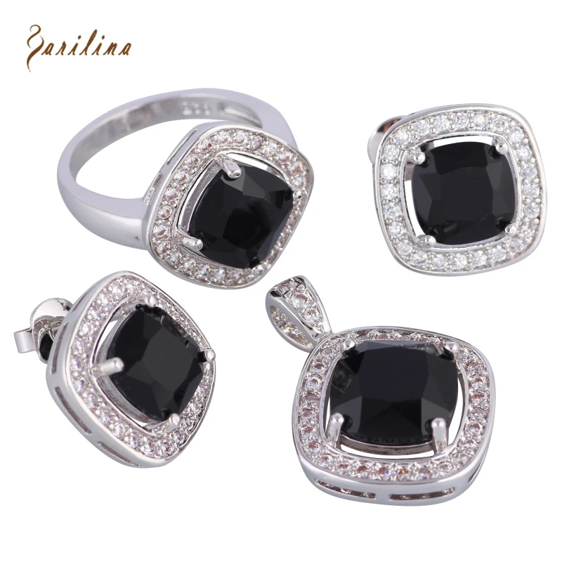 Black Cubic Zirconia 925 Sterling Silver Overlay Pendants Ring Earrings fashion Jewelry Set size 6 7