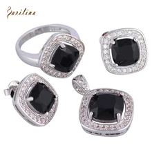 Negro Cubic Zirconia 925 de Plata de ley de Superposición Colgantes/Anillo/Pendientes de la manera Joyería tamaño 6 7 8 9 S261