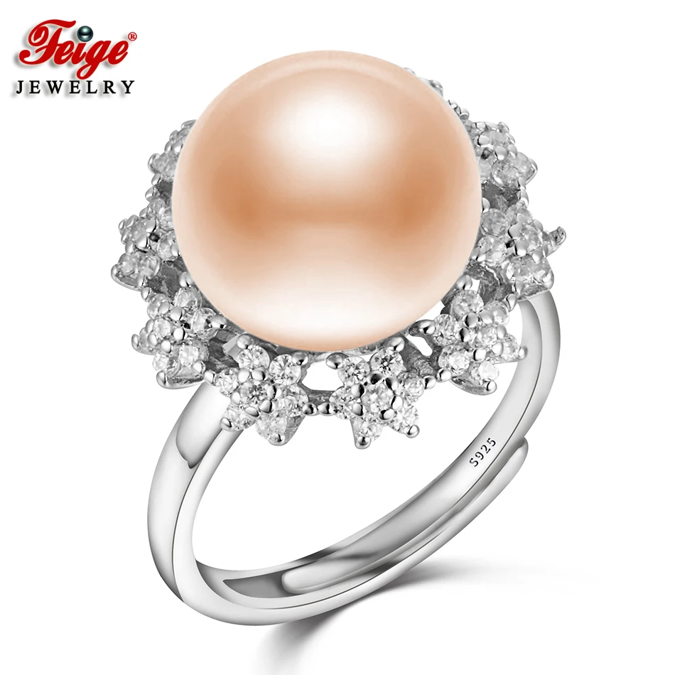 

FEIGE Luxury Flower Pearl Ring 925 Sterling Silver Rings Inlay Cubic Zirconia 11-12MM Pink Freshwater Pearl Jewelry for Women's