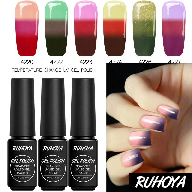 

Ruhoya Nail Art Top Base Coat Hybrid Varnishes Chameleon Thermo UV Gel Lacquer 29 Colors Temperature Change Nail Gel Polish