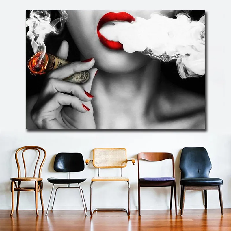 

U.S.Dollar Smoking Girl Poster Prints,Dropshipping Modern Wall Art Canvas Paintings,unframed quadro decoration digital printing