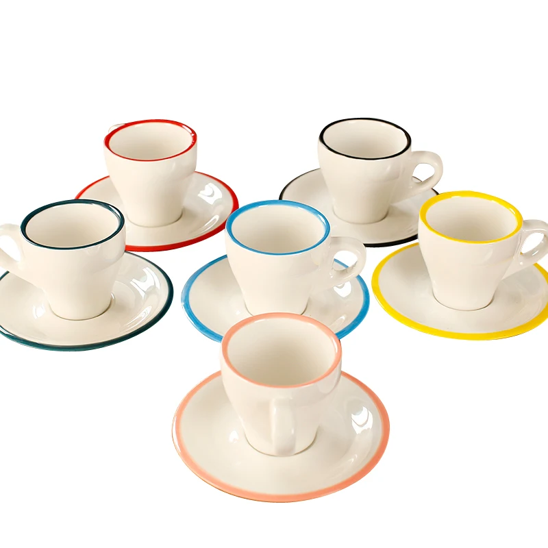 

170ml/280ml colorful thick body ceramic coffee tulip cappuccino cup and saucer with color edge for cafe