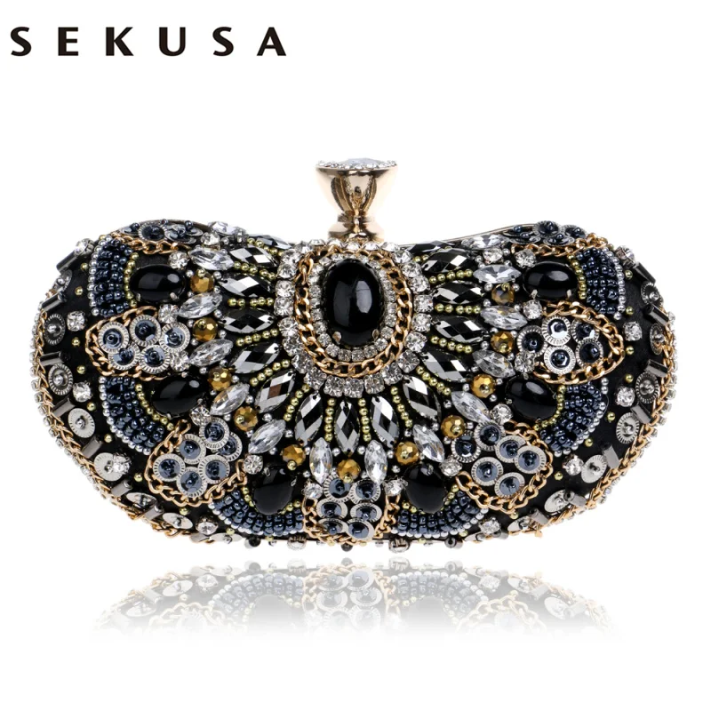 SEKUSA Vintage Beaded Women Evening Bags Rhinestones Wedding Handbags Diamonds Pearl Handle Chain Shoulder Messenger Bags SEKUSA Vintage Beaded Women Evening Bags Rhinestones Wedding Handbags Diamonds Pearl Handle Chain Shoulder Messenger Bags
